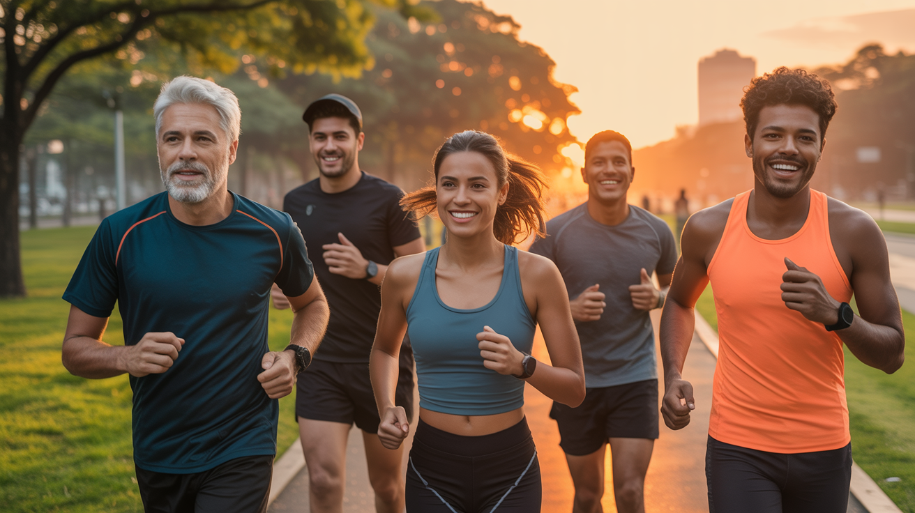 Grupo de corredores treinando juntos ao nascer do sol